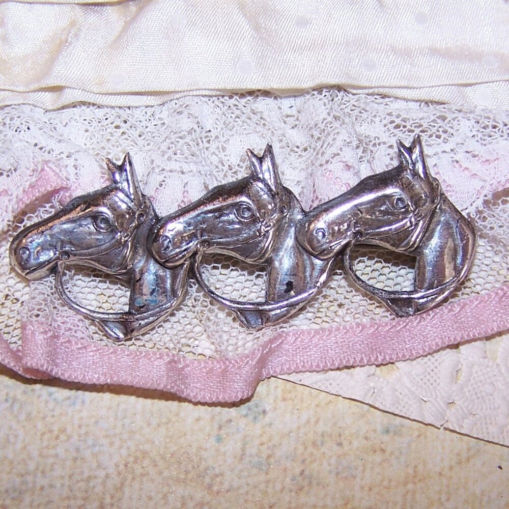 Vintage Lang Sterling Silver Pin Brooch - 3 Horse Heads in a Row